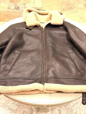 Men's Brown Leather Bomber Jacket with Shearling Hood